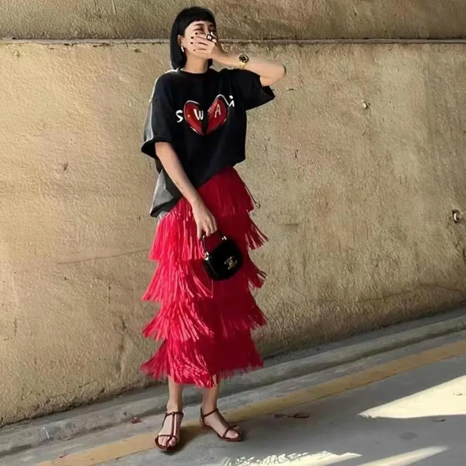 2023 New Summer New Pleated Tassel Long Skirt Women's Fashion Versatile Youthful Long Skirt Women's Style