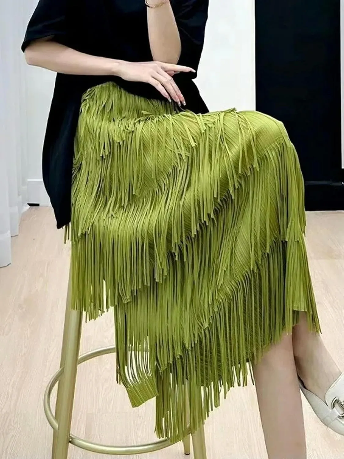 2023 New Summer New Pleated Tassel Long Skirt Women's Fashion Versatile Youthful Long Skirt Women's Style