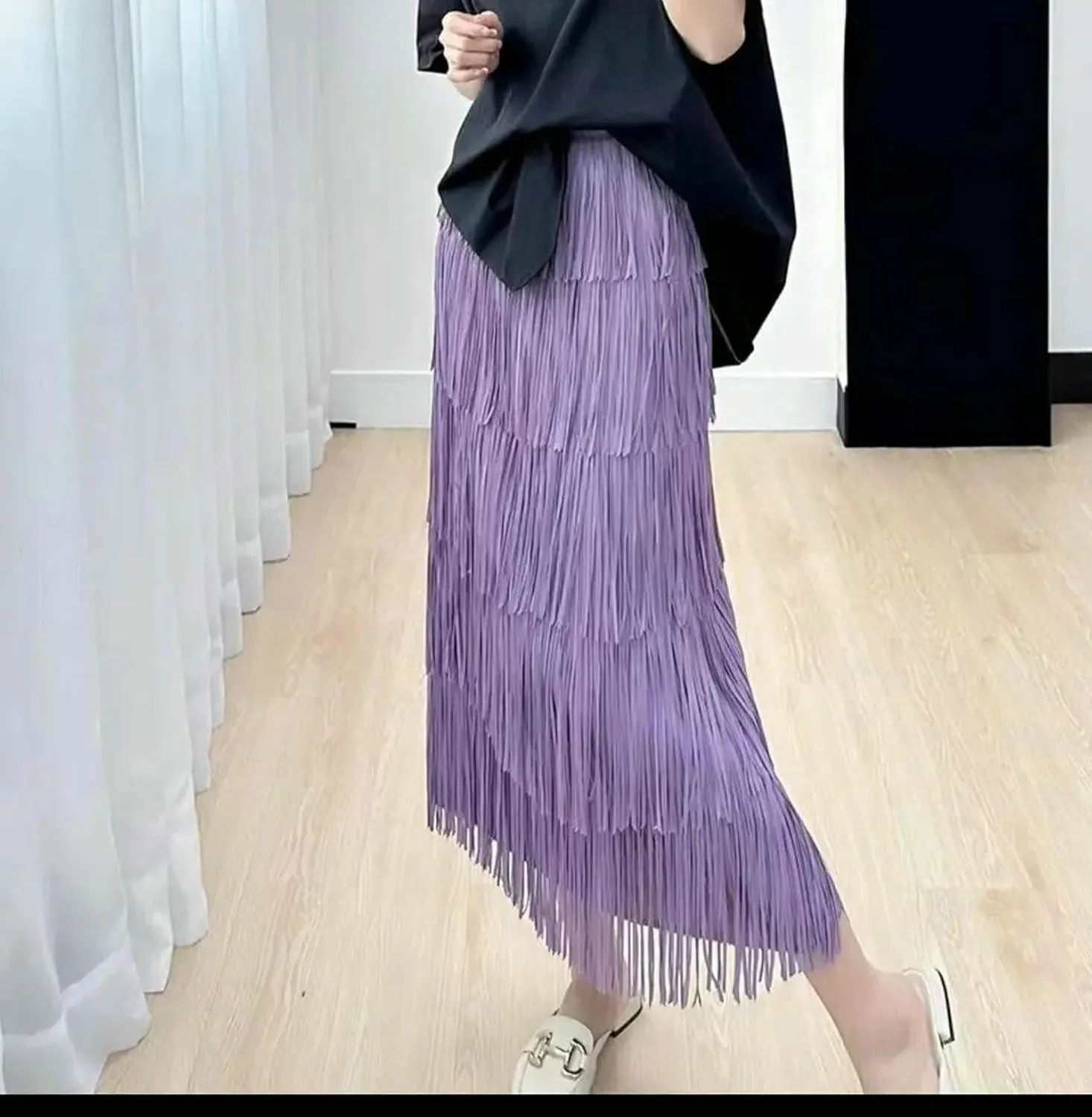 2023 New Summer New Pleated Tassel Long Skirt Women's Fashion Versatile Youthful Long Skirt Women's Style