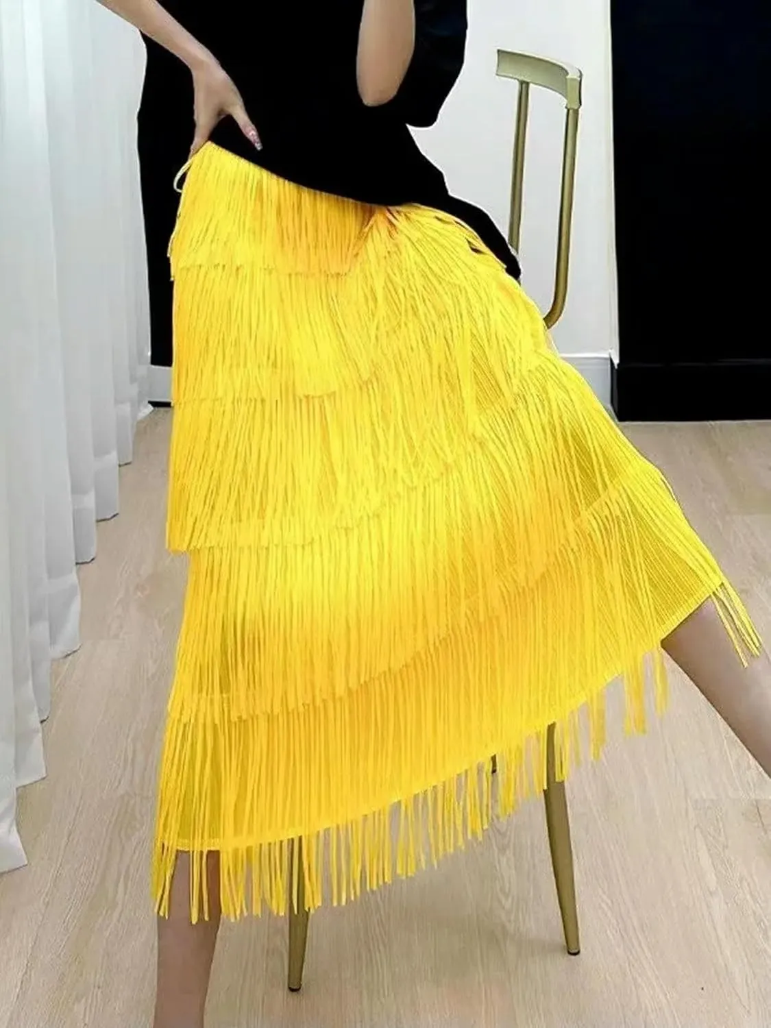 2023 New Summer New Pleated Tassel Long Skirt Women's Fashion Versatile Youthful Long Skirt Women's Style