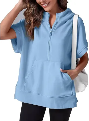2024 Oversized Casual Half Zip Short Sleeve Pullover Tops, With Pockets, Fashion Summer Sweatshirts with Pockets