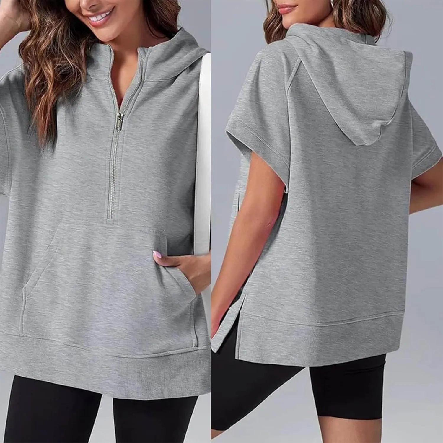 2024 Oversized Casual Half Zip Short Sleeve Pullover Tops, With Pockets, Fashion Summer Sweatshirts with Pockets