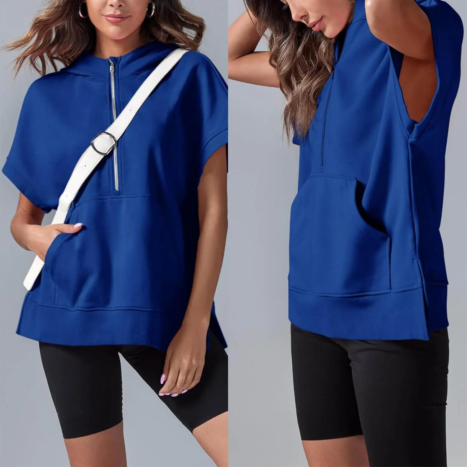 2024 Oversized Casual Half Zip Short Sleeve Pullover Tops, With Pockets, Fashion Summer Sweatshirts with Pockets