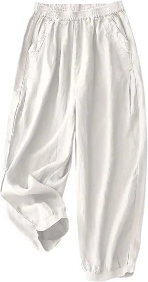 2025 Trendy Summer High Waisted Cotton Linen Pants for Women Casual Loose Solid Color Beach Wide Leg Long Trousers