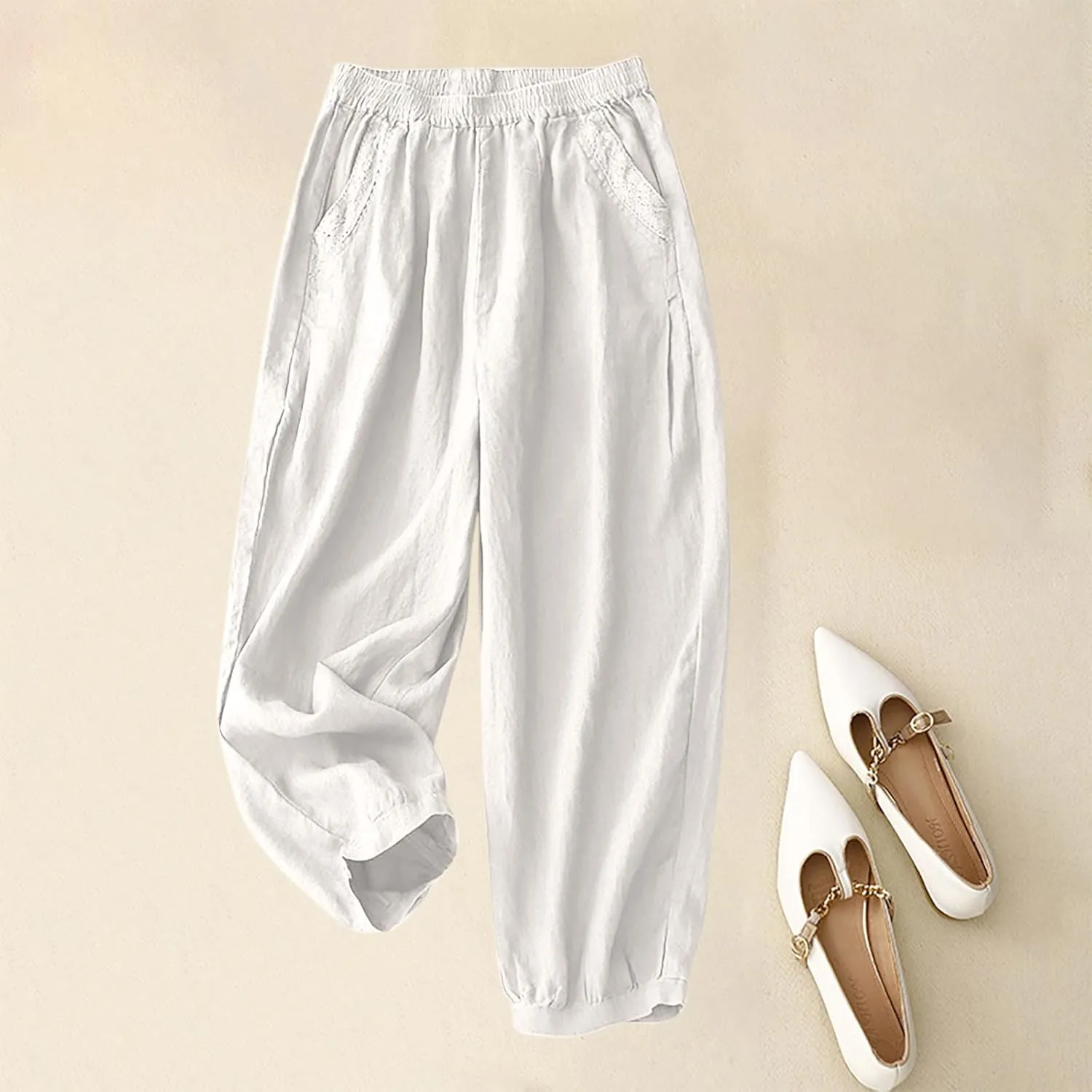 2025 Trendy Summer High Waisted Cotton Linen Pants for Women Casual Loose Solid Color Beach Wide Leg Long Trousers