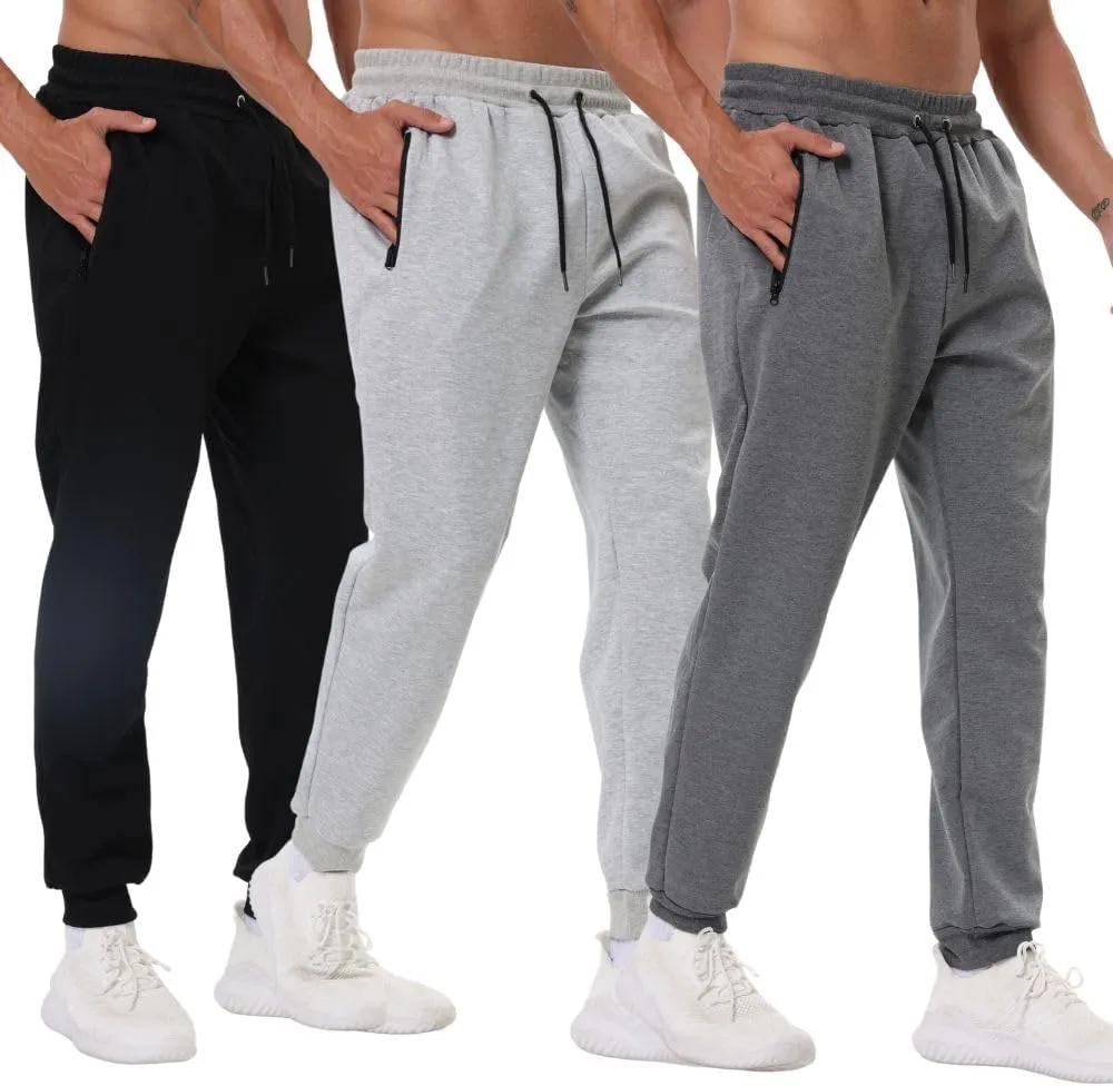 3 Pack Mens Athletic Sweatpants with Zip Pockets,Workout Gym Sweat Pants for Men Running Jogging Pants