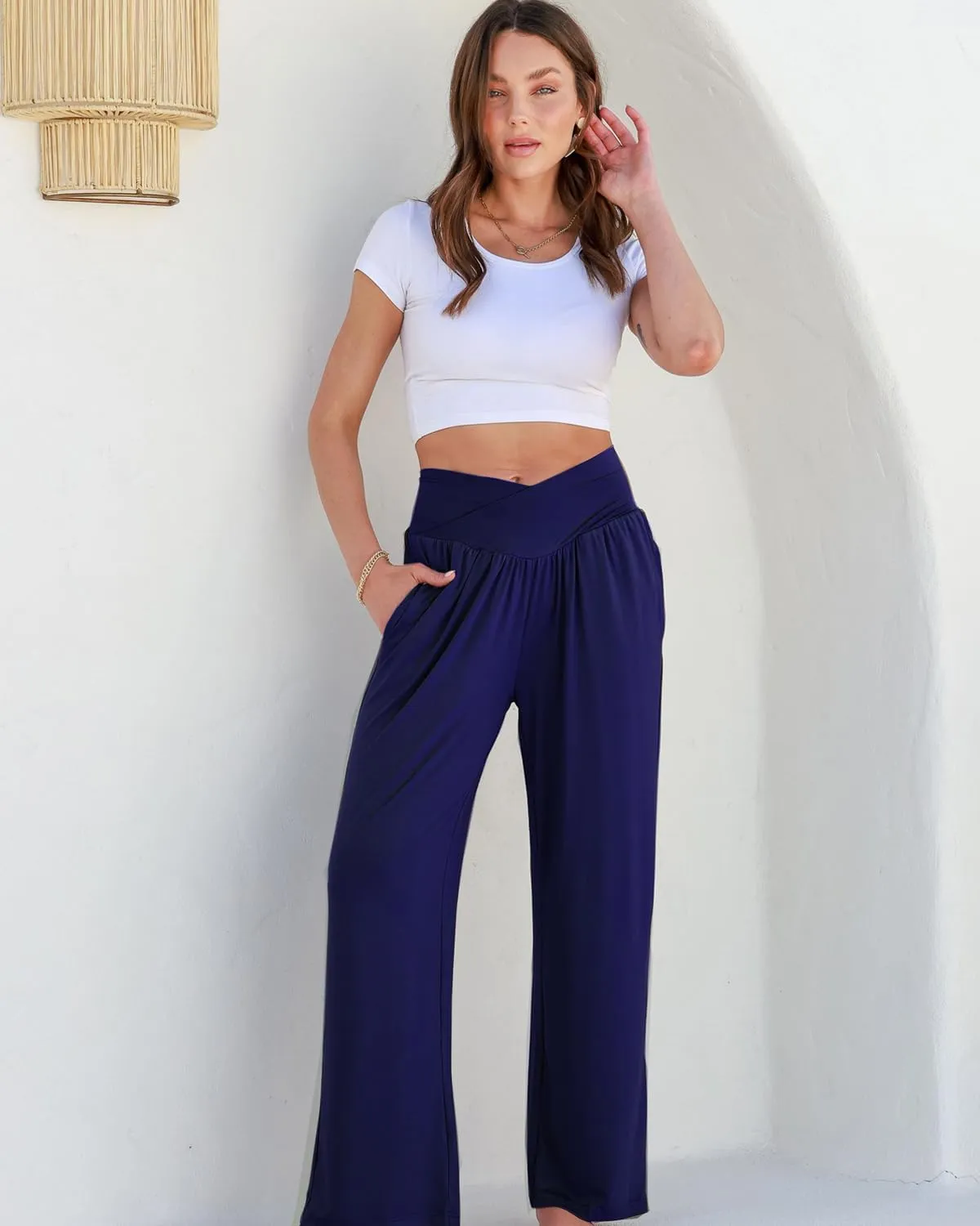 3 Pack Women's Wide Leg Pants Crossover with Pockets High Waist Loose Sweatpants Casual Lounge Yoga Workout Palazzo