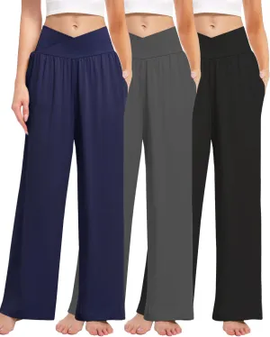 3 Pack Women's Wide Leg Pants Crossover with Pockets High Waist Loose Sweatpants Casual Lounge Yoga Workout Palazzo