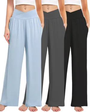 3 Pack Women's Wide Leg Pants Crossover with Pockets High Waist Loose Sweatpants Casual Lounge Yoga Workout Palazzo