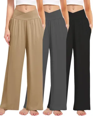 3 Pack Women's Wide Leg Pants Crossover with Pockets High Waist Loose Sweatpants Casual Lounge Yoga Workout Palazzo