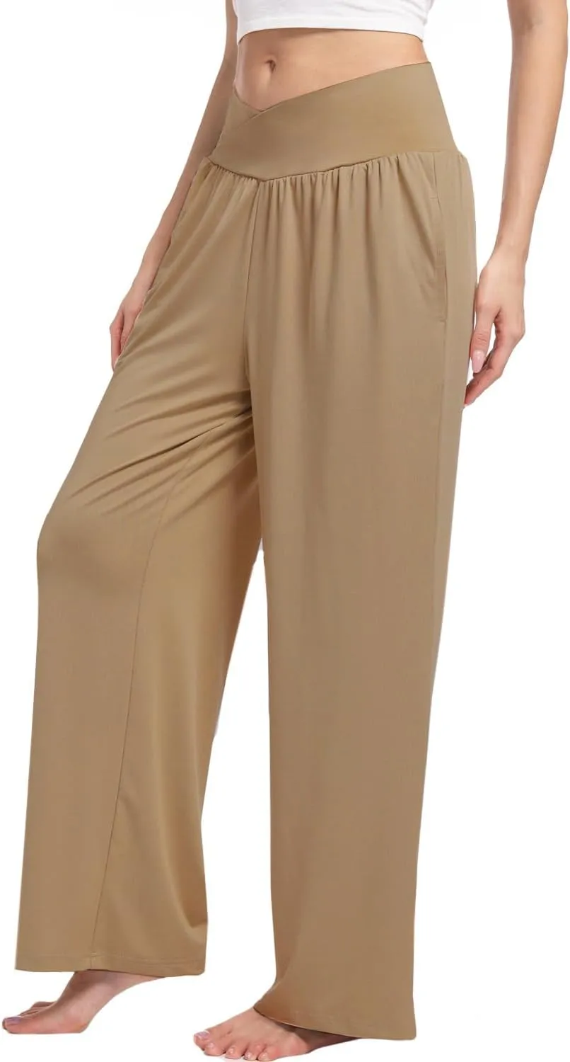 3 Pack Women's Wide Leg Pants Crossover with Pockets High Waist Loose Sweatpants Casual Lounge Yoga Workout Palazzo
