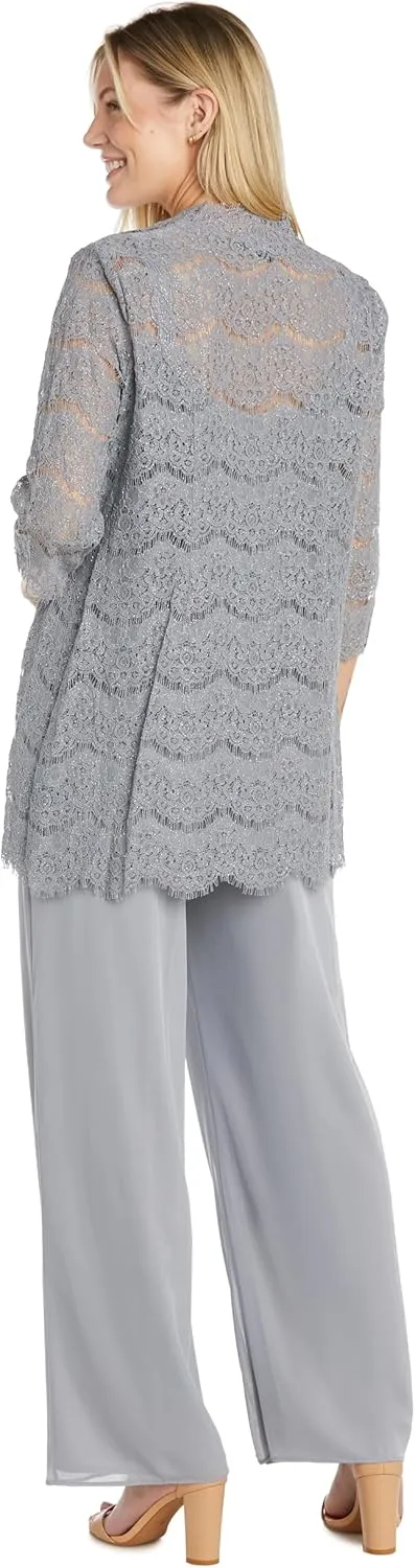 3PC Duster Pant Suit Lace Shell & Jacket W/Chiffon Pant