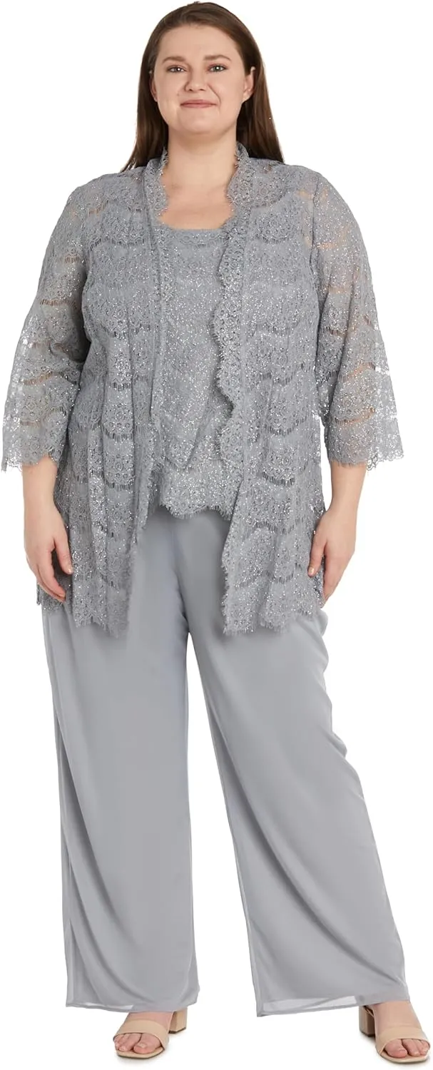 3PC Duster Pant Suit Lace Shell & Jacket W/Chiffon Pant