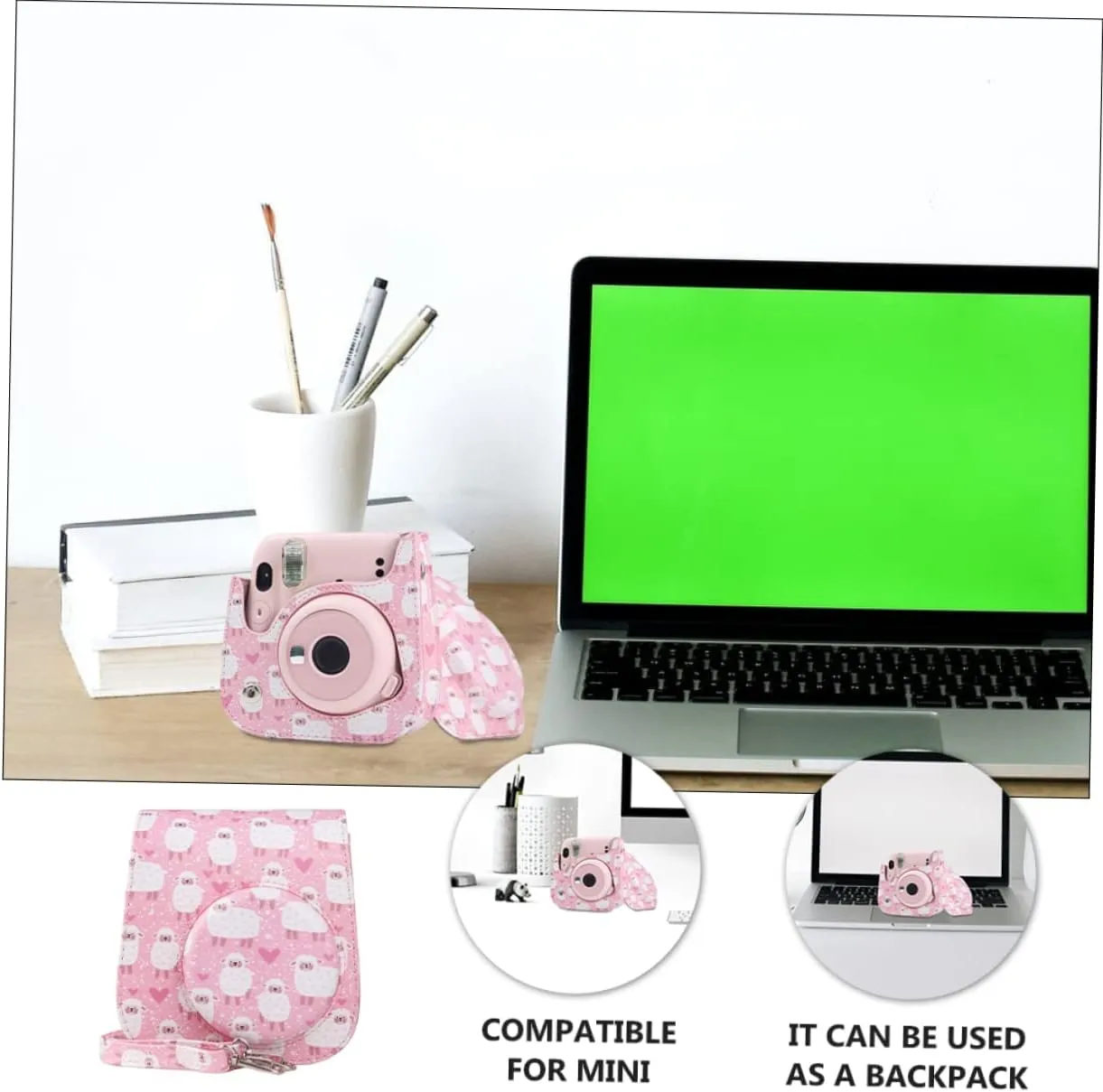 3pcs Shoulder Camera Detachable Bag Adjustable Pu Strap Protective with Leather Compatible for mini, Pinkx2pcs, 12.5X6.5X14CMx2pcs