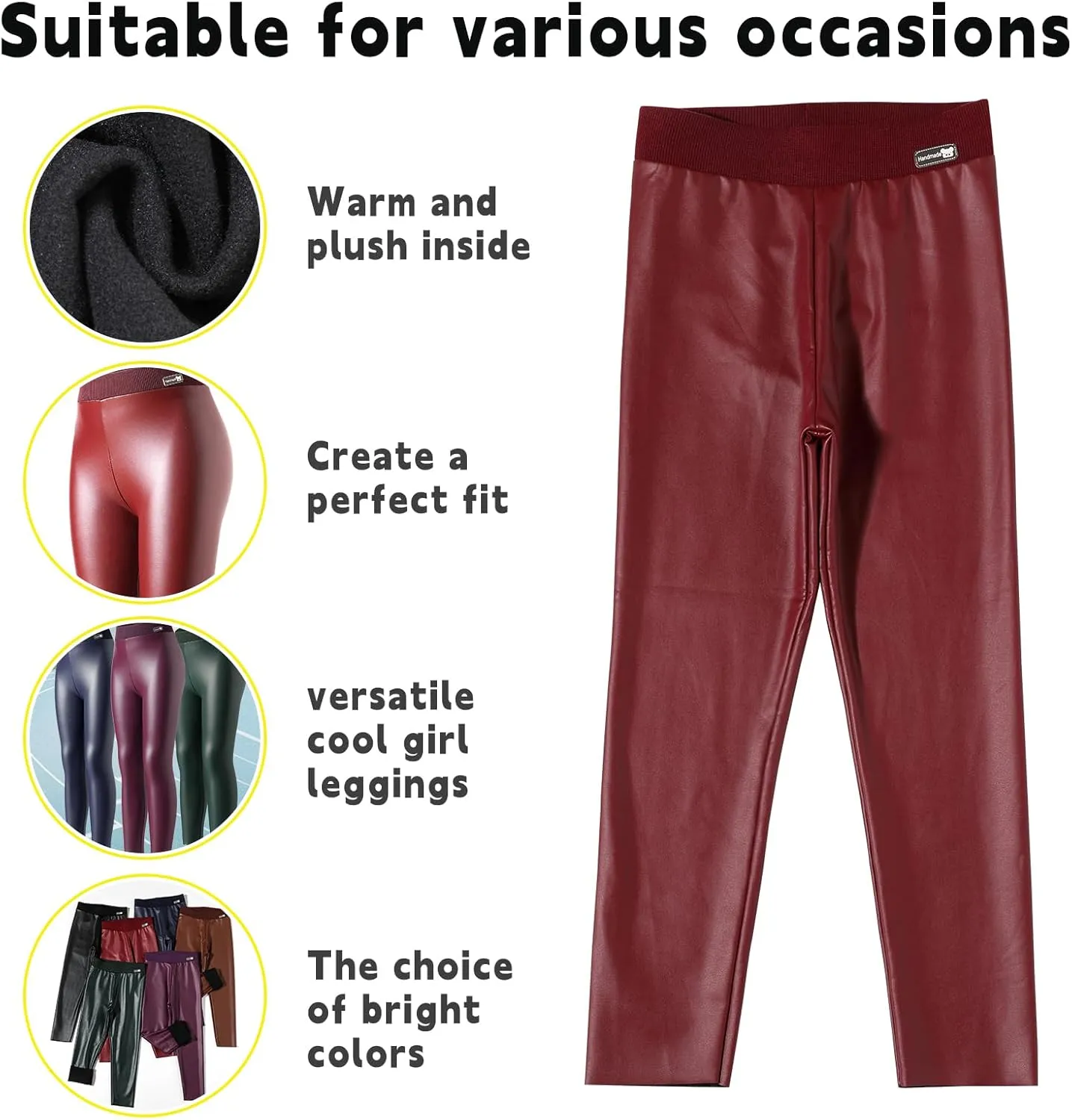 6 Pack Girls Leggings Faux Leather Legging for Girls High Waisted Stretch Pants Kids PU Leather Pants Tight
