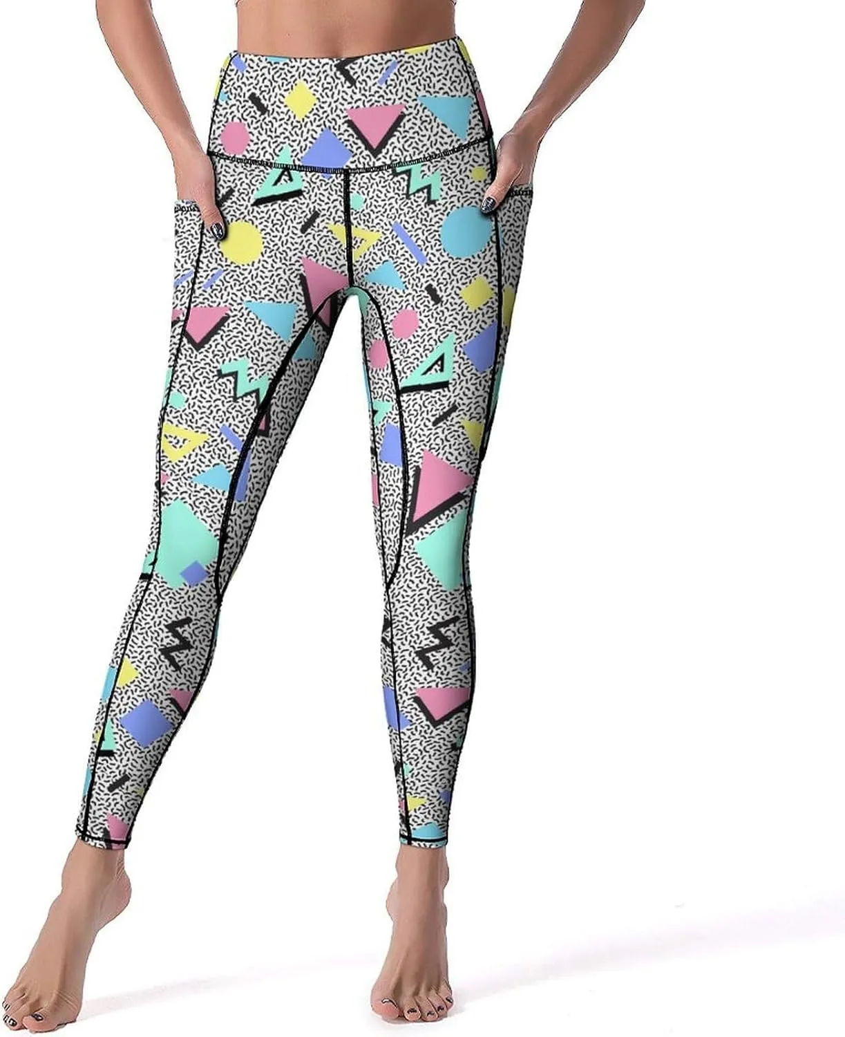 80s 90s Retro Yoga Pants for Women Tummy Control Workout Leggings with Pockets Stretchy High Waist Work Casual Pants