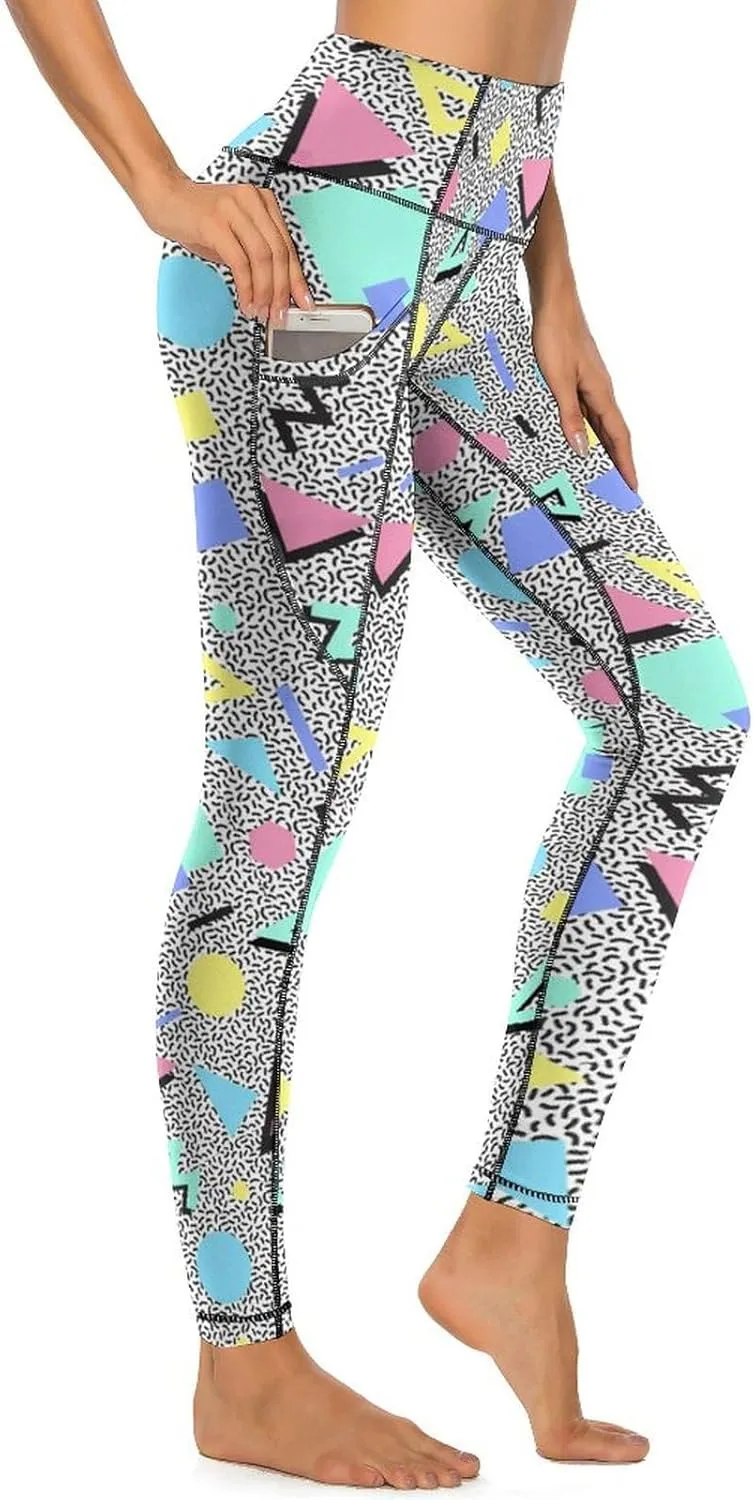 80s 90s Retro Yoga Pants for Women Tummy Control Workout Leggings with Pockets Stretchy High Waist Work Casual Pants