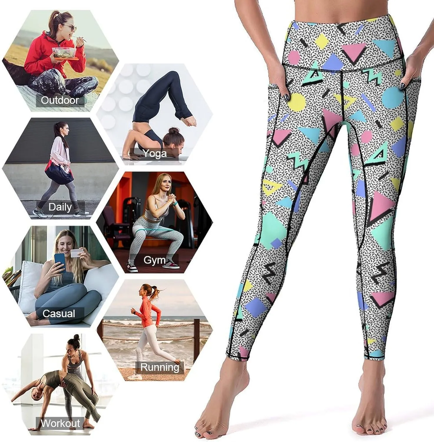 80s 90s Retro Yoga Pants for Women Tummy Control Workout Leggings with Pockets Stretchy High Waist Work Casual Pants