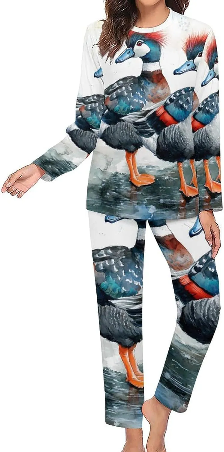 A Pair of Harlequin Ducks Women's Pajama Set Long Sleeve T-shirts Top & Pant Comfort Sleepwear Loungewear