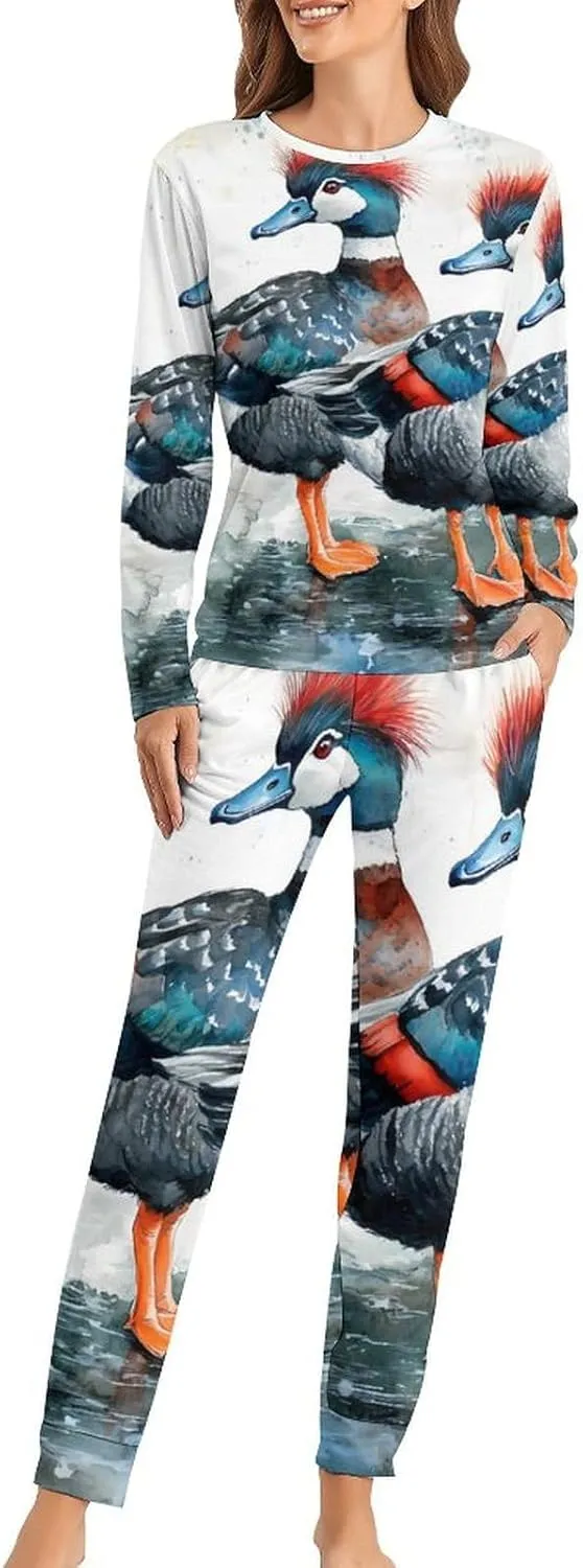 A Pair of Harlequin Ducks Women's Pajama Set Long Sleeve T-shirts Top & Pant Comfort Sleepwear Loungewear