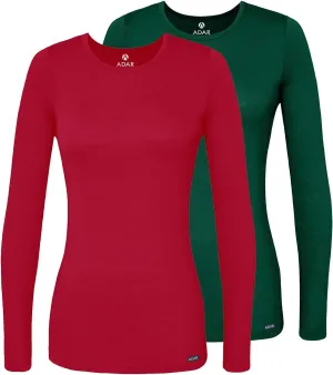 Adar Uniforms Adar Underscrubs for Women Multi Color 2 Pack - Long Sleeve Underscrub Comfort Tee - 2902M - Hunter Green/Red - S