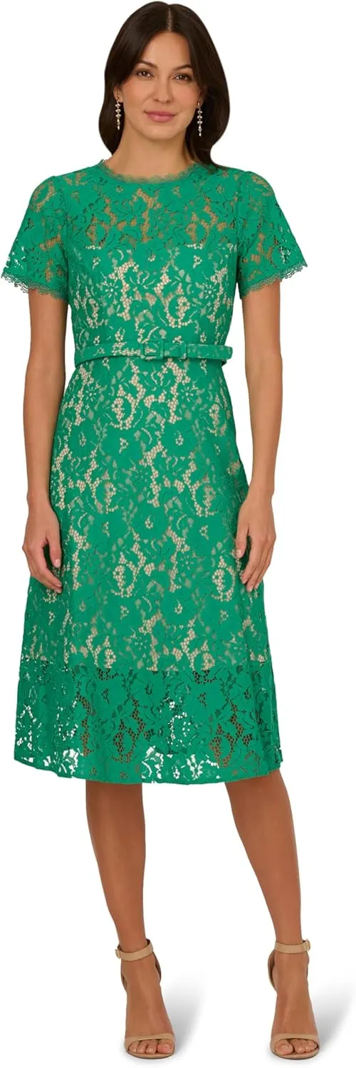 Adrianna Papell Women's Lace Soft Skirt Midi Dress