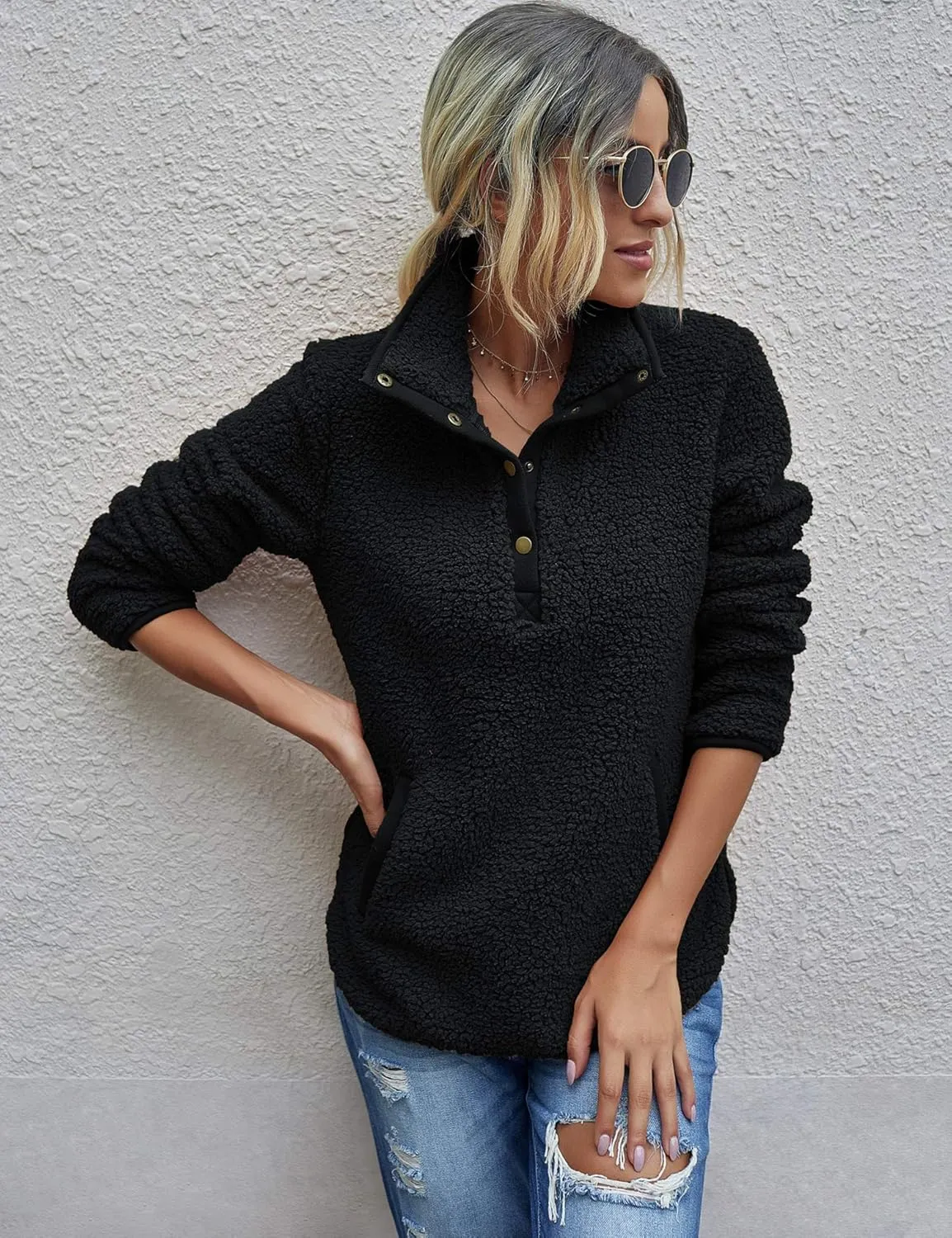 AKEWEI Women Faux Fleece Sweatshirt Fuzzy Button Pullover Coat with Pocket
