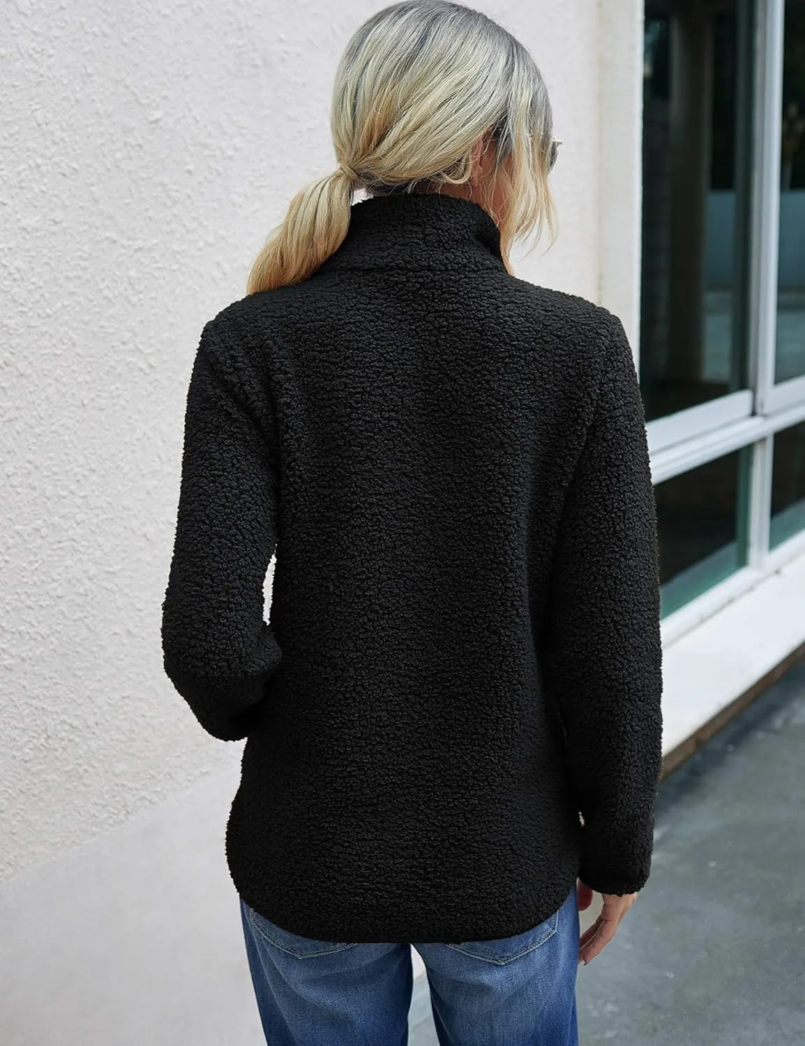 AKEWEI Women Faux Fleece Sweatshirt Fuzzy Button Pullover Coat with Pocket