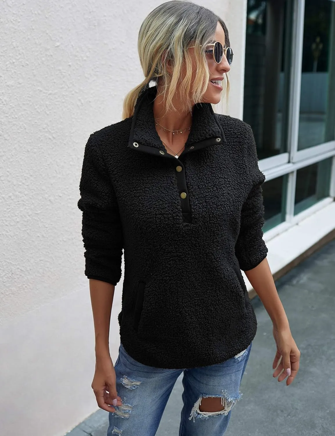 AKEWEI Women Faux Fleece Sweatshirt Fuzzy Button Pullover Coat with Pocket
