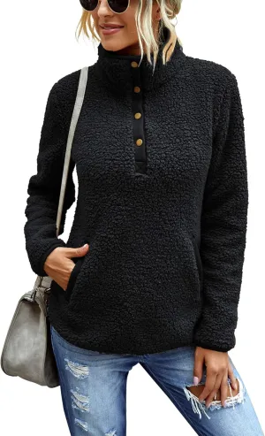 AKEWEI Women Faux Fleece Sweatshirt Fuzzy Button Pullover Coat with Pocket