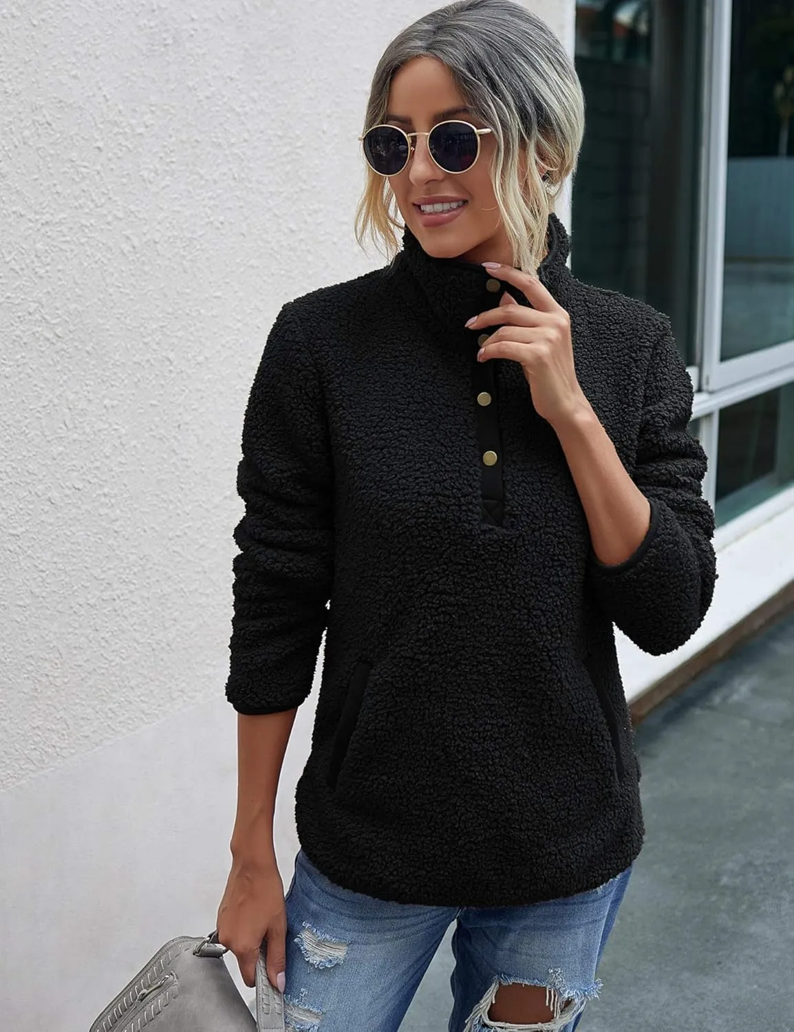 AKEWEI Women Faux Fleece Sweatshirt Fuzzy Button Pullover Coat with Pocket