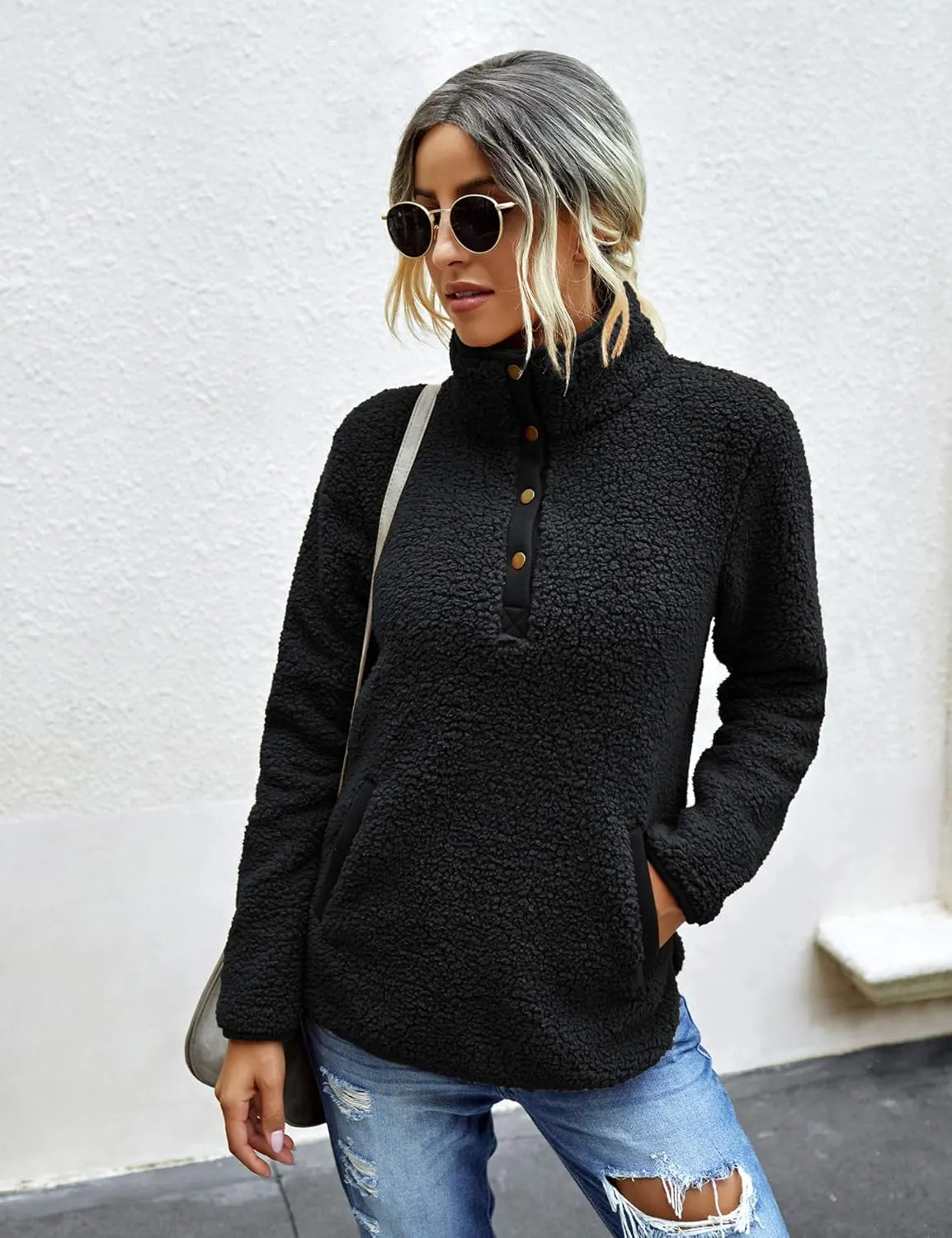 AKEWEI Women Faux Fleece Sweatshirt Fuzzy Button Pullover Coat with Pocket