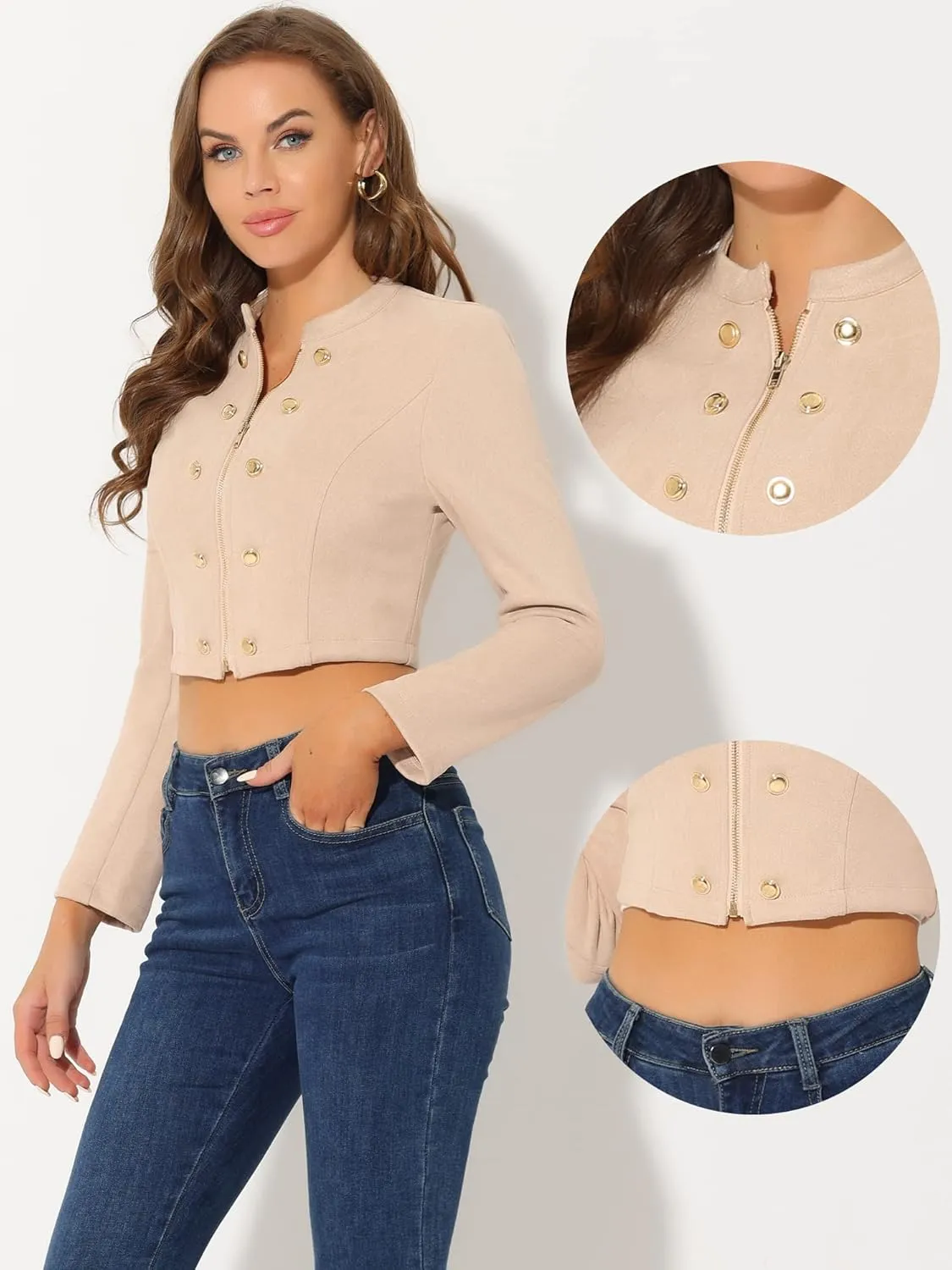 Allegra K Cropped Jacket for Women's Double Breasted Zip Up Faux Suede Jacket