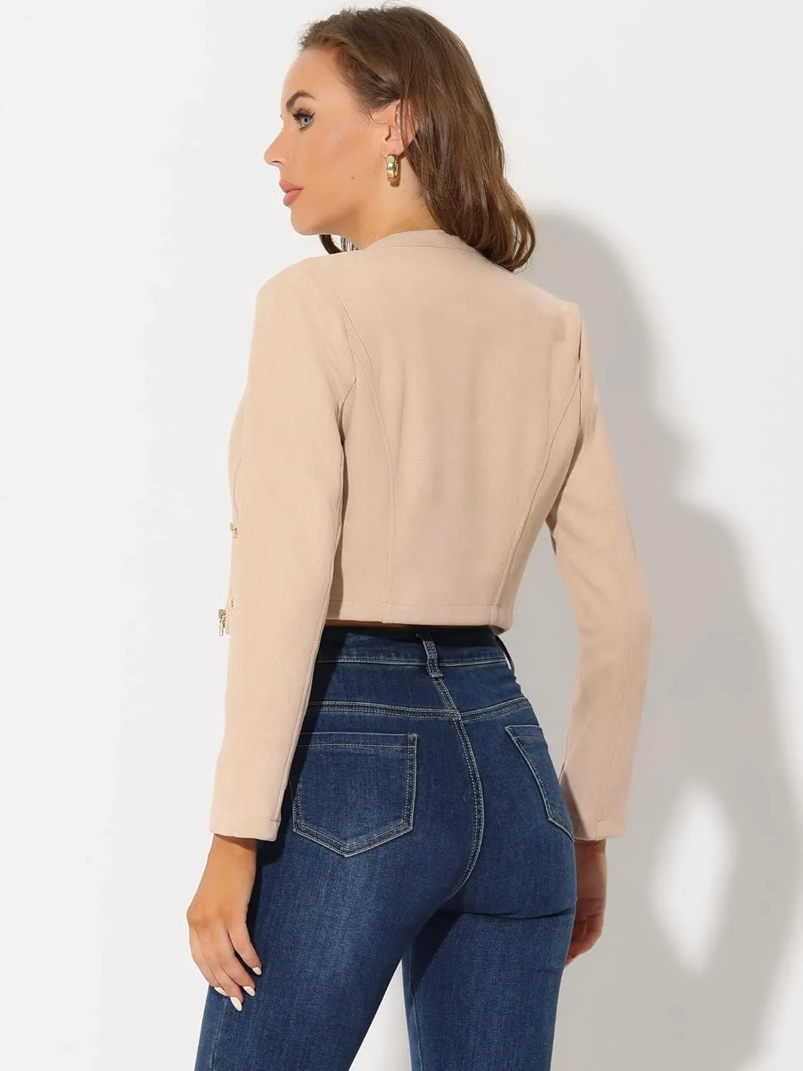 Allegra K Cropped Jacket for Women's Double Breasted Zip Up Faux Suede Jacket