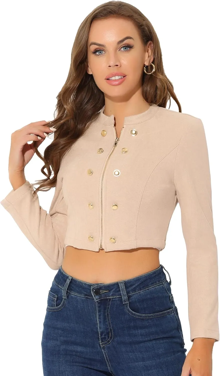 Allegra K Cropped Jacket for Women's Double Breasted Zip Up Faux Suede Jacket