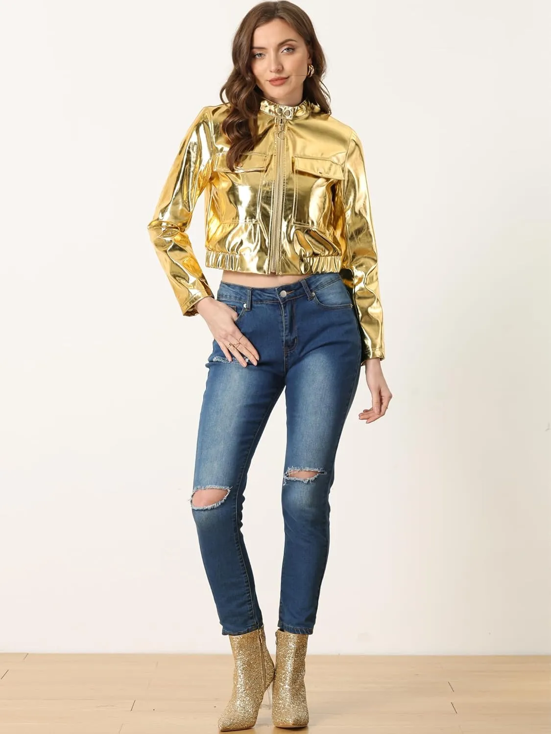 Allegra K Halloween Crop Moto Jacket for Women's Zip Up Glitter Holographic Metallic Jacket