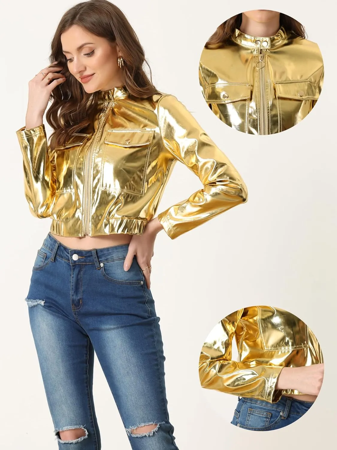 Allegra K Halloween Crop Moto Jacket for Women's Zip Up Glitter Holographic Metallic Jacket