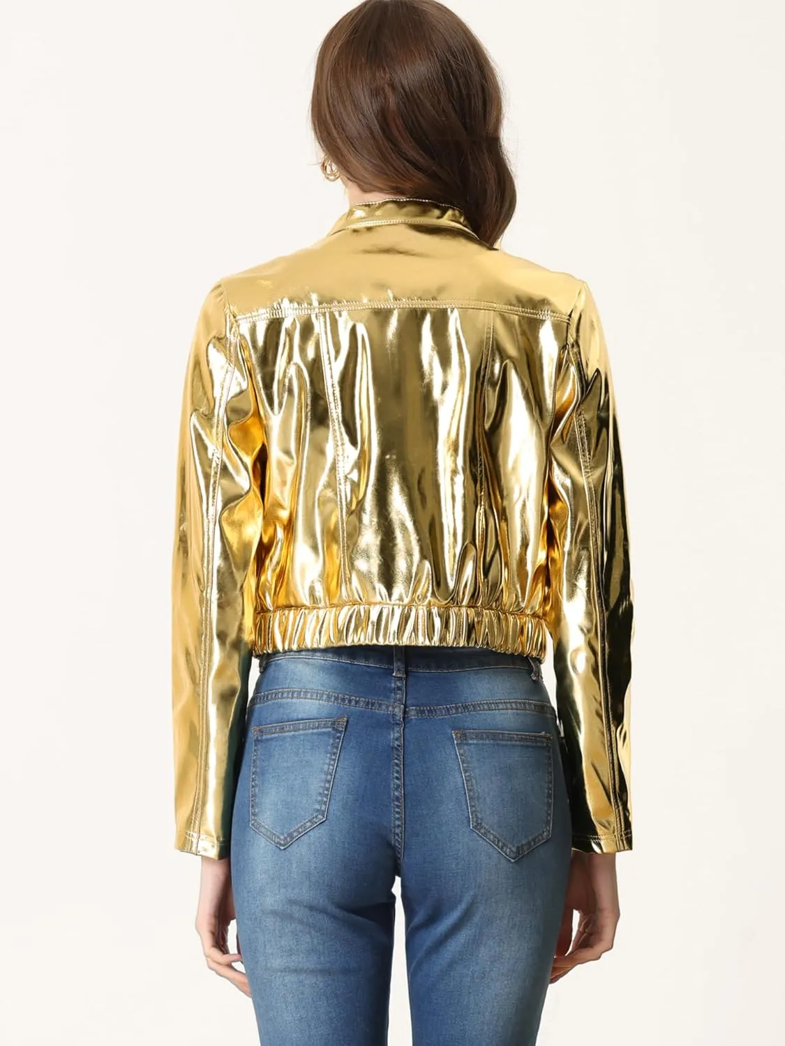 Allegra K Halloween Crop Moto Jacket for Women's Zip Up Glitter Holographic Metallic Jacket