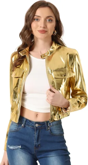 Allegra K Halloween Crop Moto Jacket for Women's Zip Up Glitter Holographic Metallic Jacket
