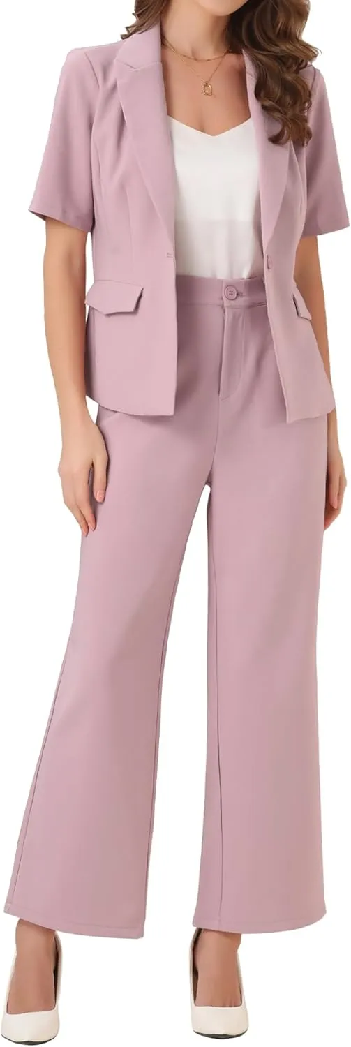Allegra K Short Sleeve Blazer Pant Suits Set for Women Business Casual 2 Piece Work Outfits