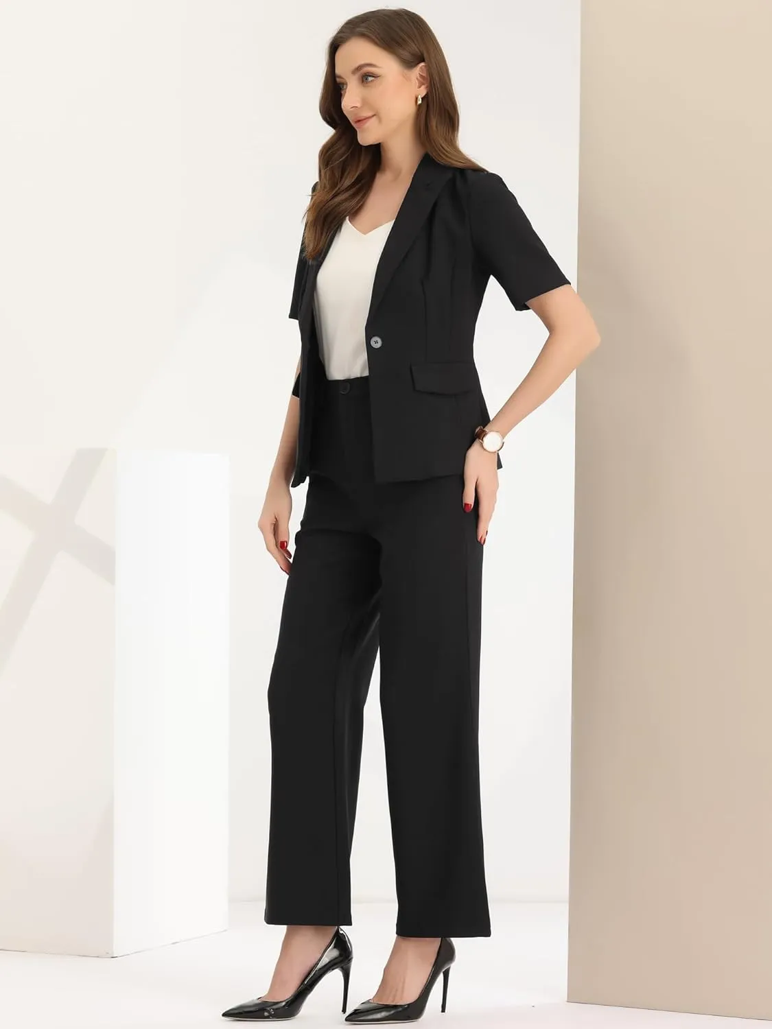 Allegra K Short Sleeve Blazer Pant Suits Set for Women Business Casual 2 Piece Work Outfits