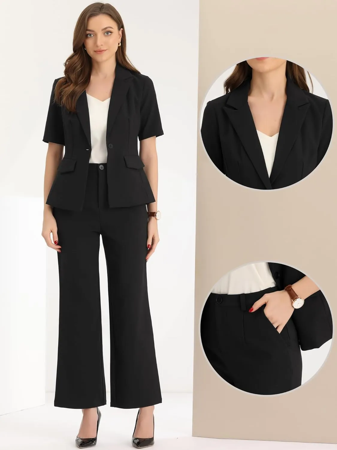 Allegra K Short Sleeve Blazer Pant Suits Set for Women Business Casual 2 Piece Work Outfits