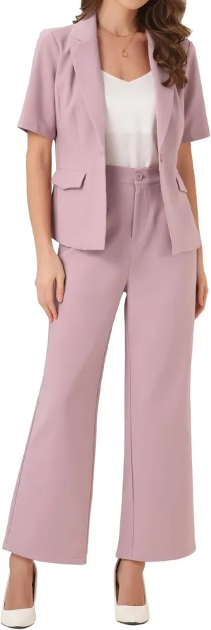 Allegra K Short Sleeve Blazer Pant Suits Set for Women Business Casual 2 Piece Work Outfits