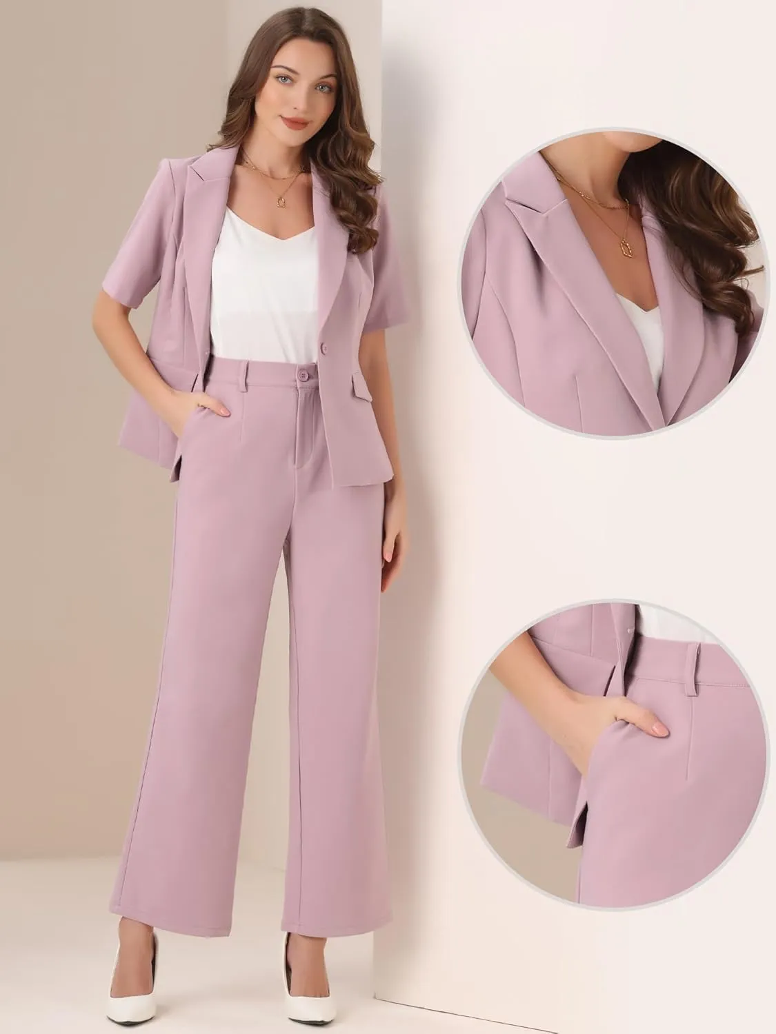 Allegra K Short Sleeve Blazer Pant Suits Set for Women Business Casual 2 Piece Work Outfits