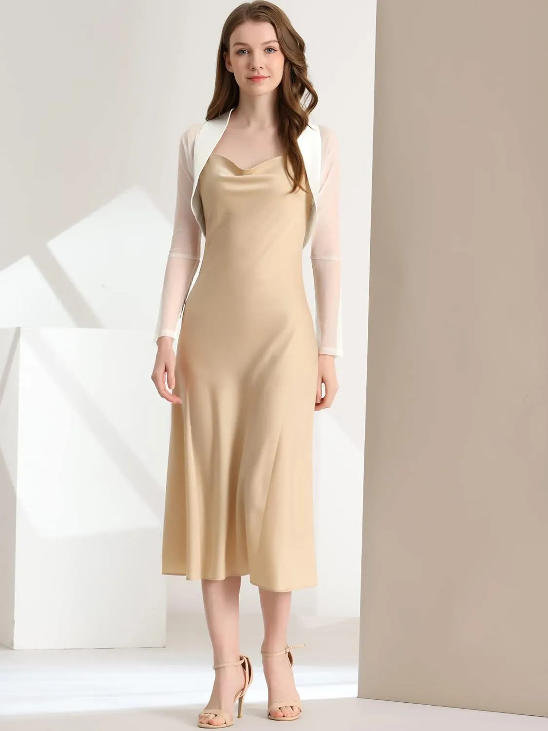 Allegra K Women's Satin Shrugs for Evening Dress Open Front Mesh Cardigan Elegant Wedding Bolero