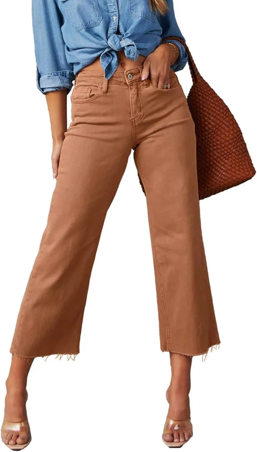 Allimy Women's High Waisted Straight Ankle Wide Leg Ripped Jeans Frayed Hem Stretchy Capri Denim Pants