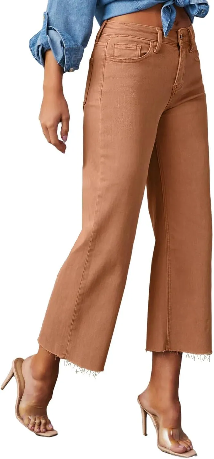 Allimy Women's High Waisted Straight Ankle Wide Leg Ripped Jeans Frayed Hem Stretchy Capri Denim Pants