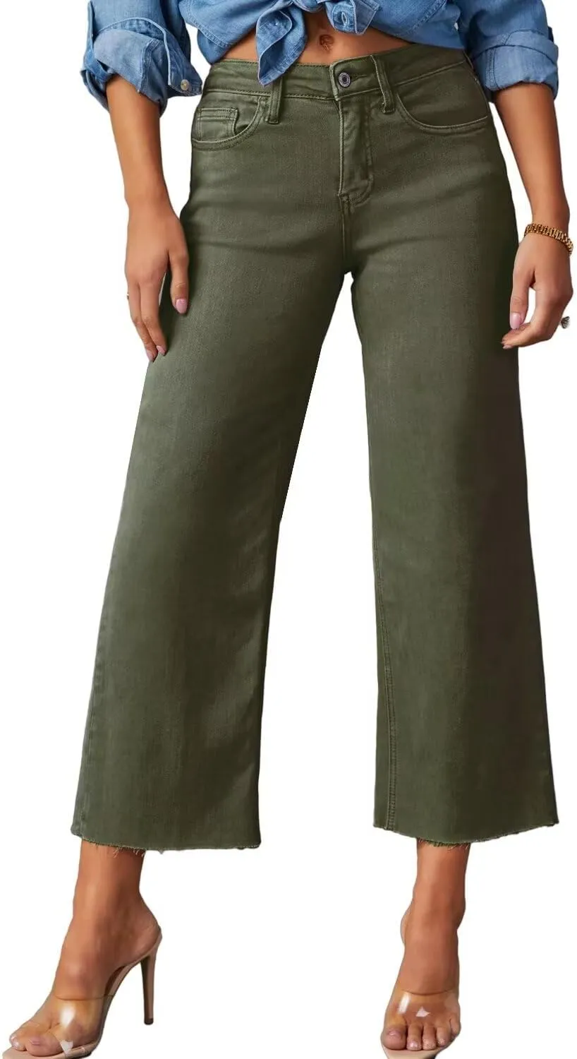 Allimy Women's High Waisted Straight Ankle Wide Leg Ripped Jeans Frayed Hem Stretchy Capri Denim Pants