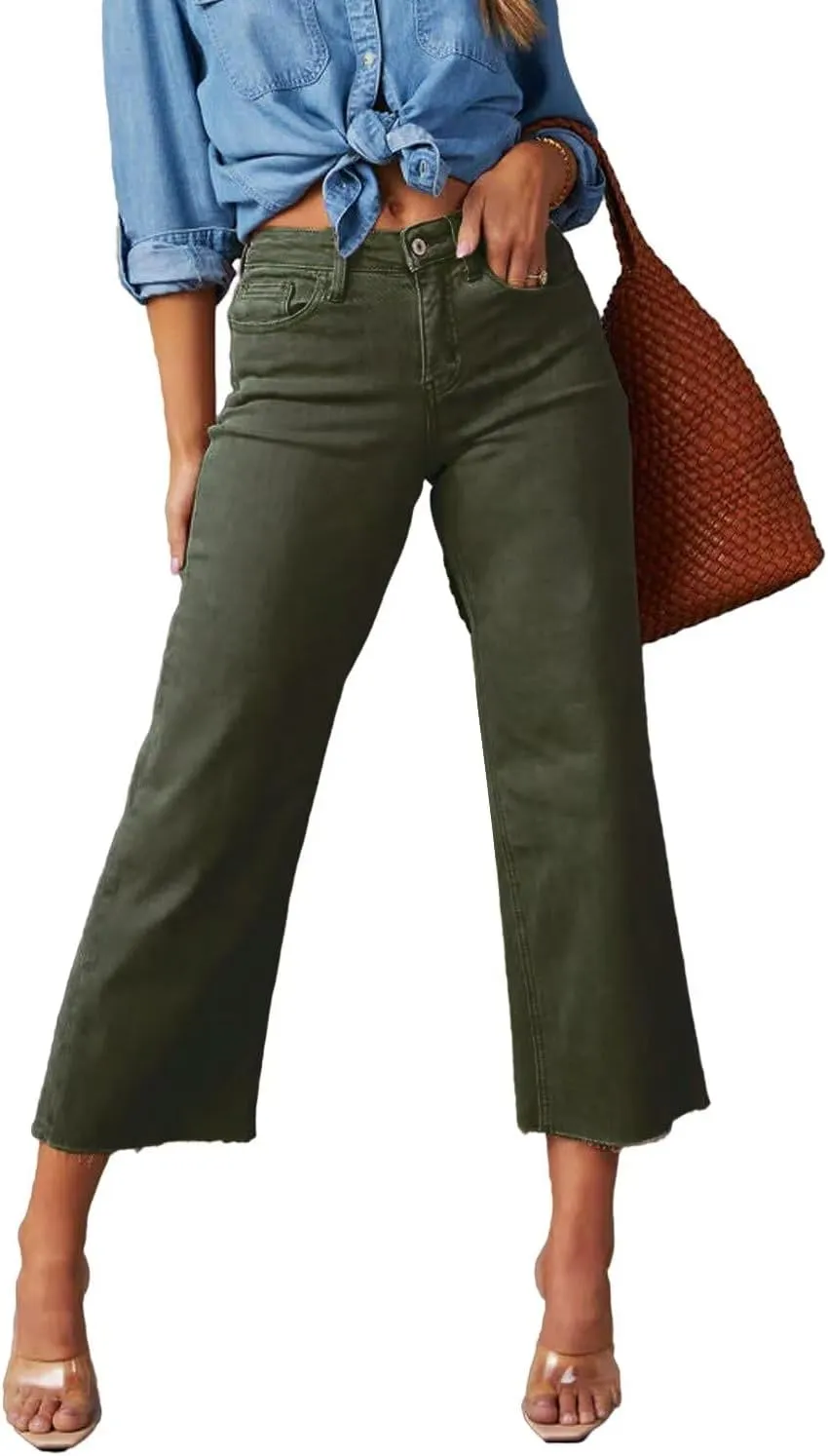 Allimy Women's High Waisted Straight Ankle Wide Leg Ripped Jeans Frayed Hem Stretchy Capri Denim Pants