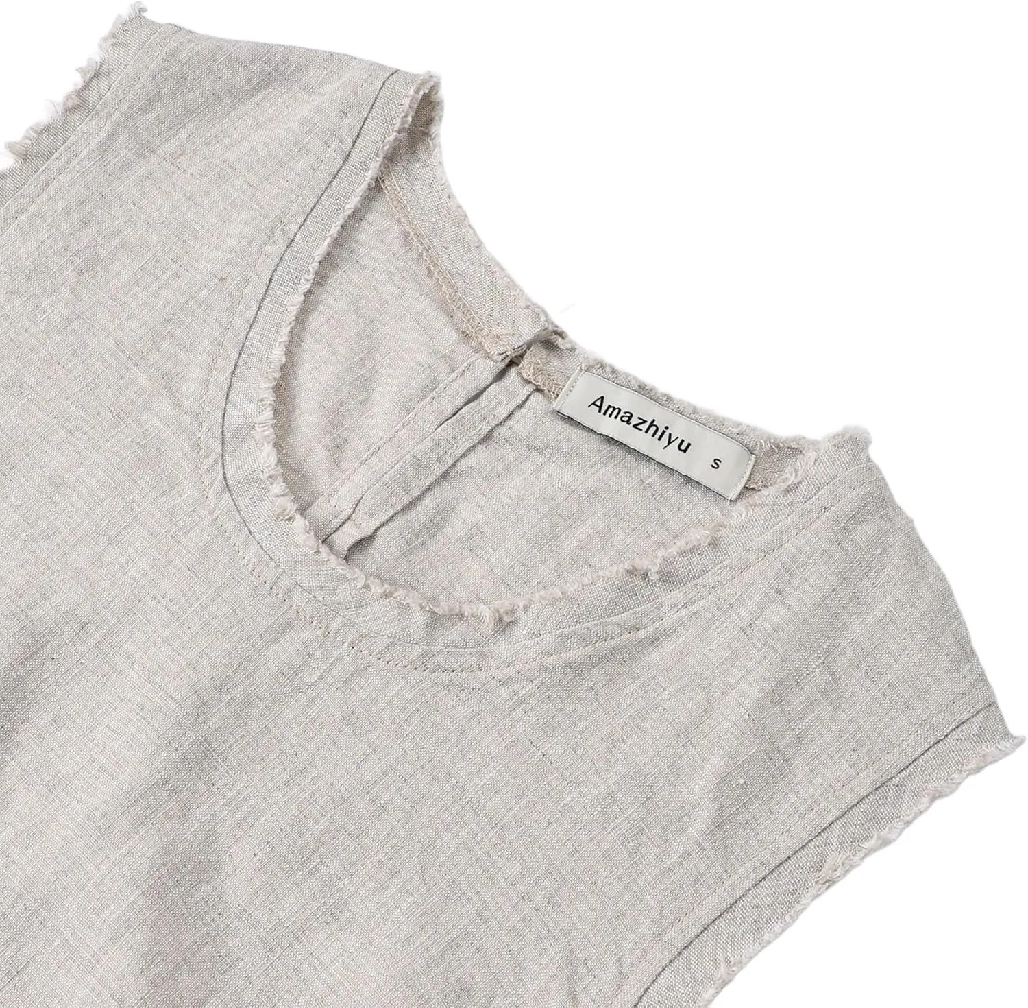 Amazhiyu Womens 100% Linen Summer Scoop Neck Tank Tops Sleeveless Raw Edge Blouse